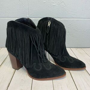 Sam Edelman Women's Benjie Side Zip Black Suede Fringe Bootie Size 9